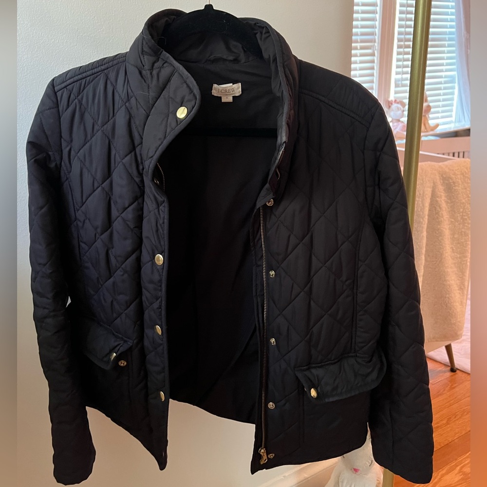 J Crew. Black quilted jacket. Size small. Excellent condition